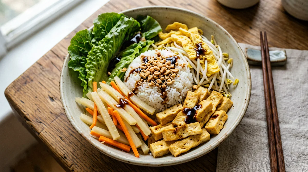 Popiah bowl with jicama, tofu, egg and peanuts