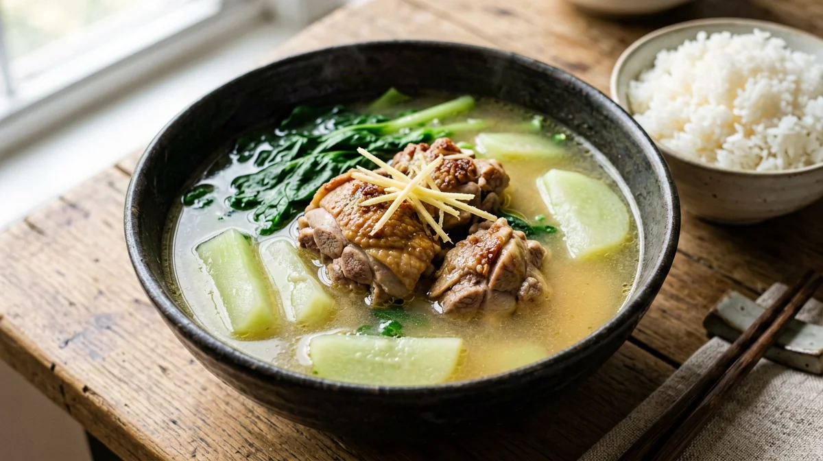 Tinola filippina di pollo allo zenzero con chayote e spinaci
