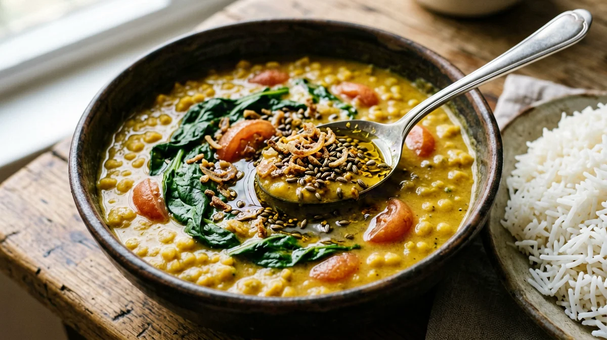 Dal palak di lenticchie rosse e spinaci con riso basmati