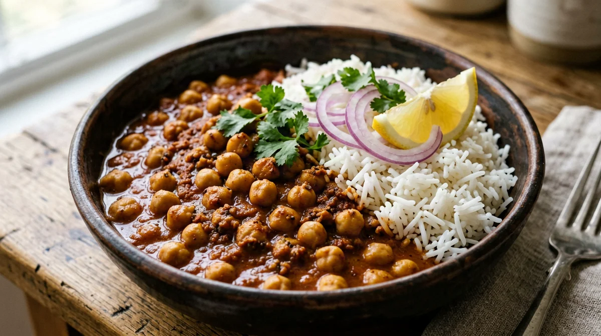 Chana masala di ceci con riso basmati e cipolla rossa