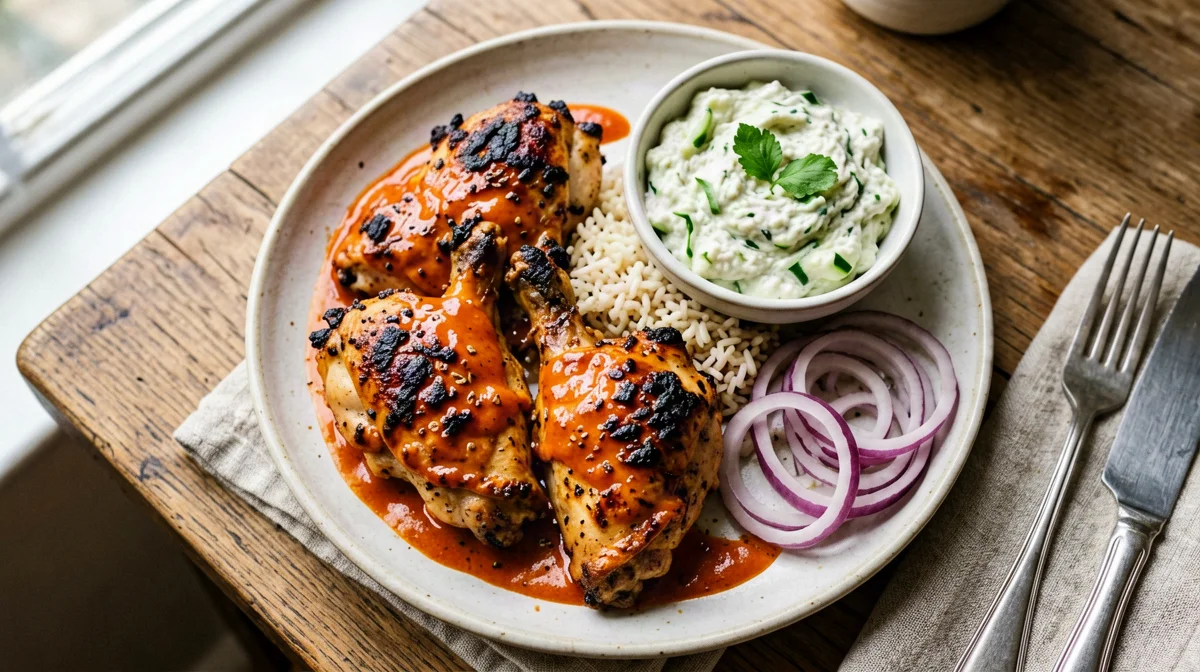 Oven tandoori chicken with cucumber raita and rice
