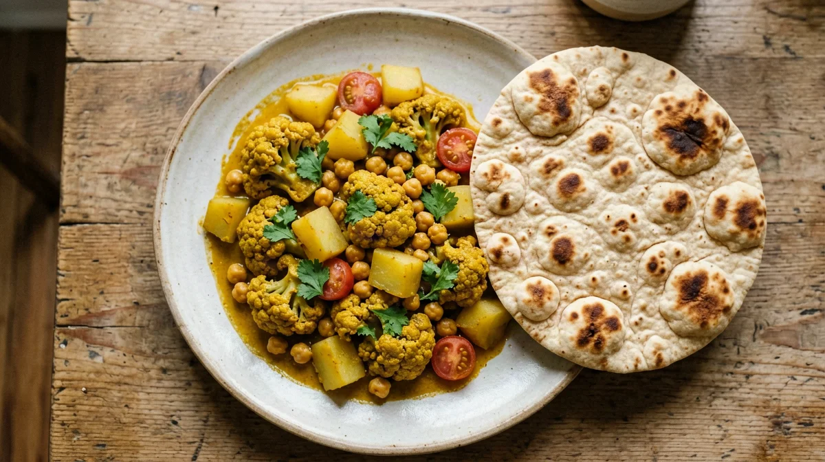 Aloo gobi with chickpeas and homemade wholewheat roti