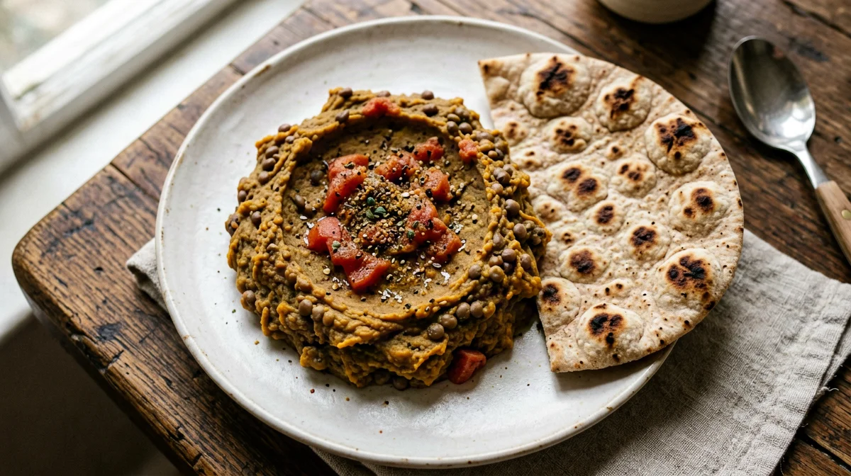 Baingan bharta di melanzane affumicate con lenticchie e roti