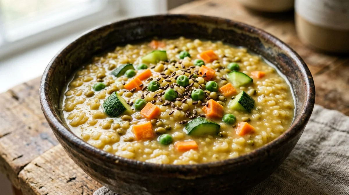 Khichdi di riso e fagioli mungo con verdure