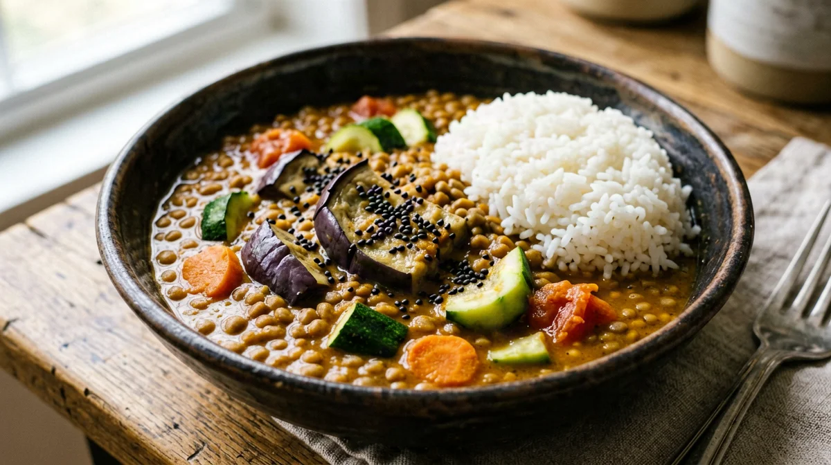 Lentil and vegetable sambar with rice