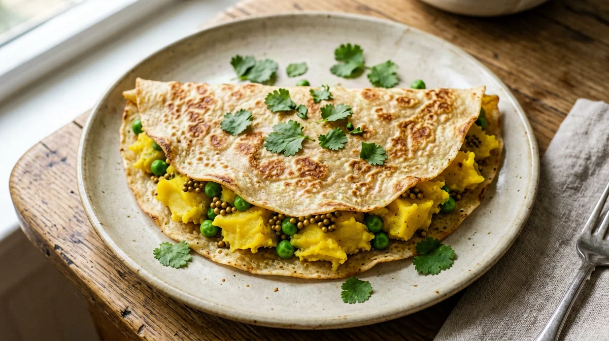 Light rice and chickpea masala dosa with curried potatoes