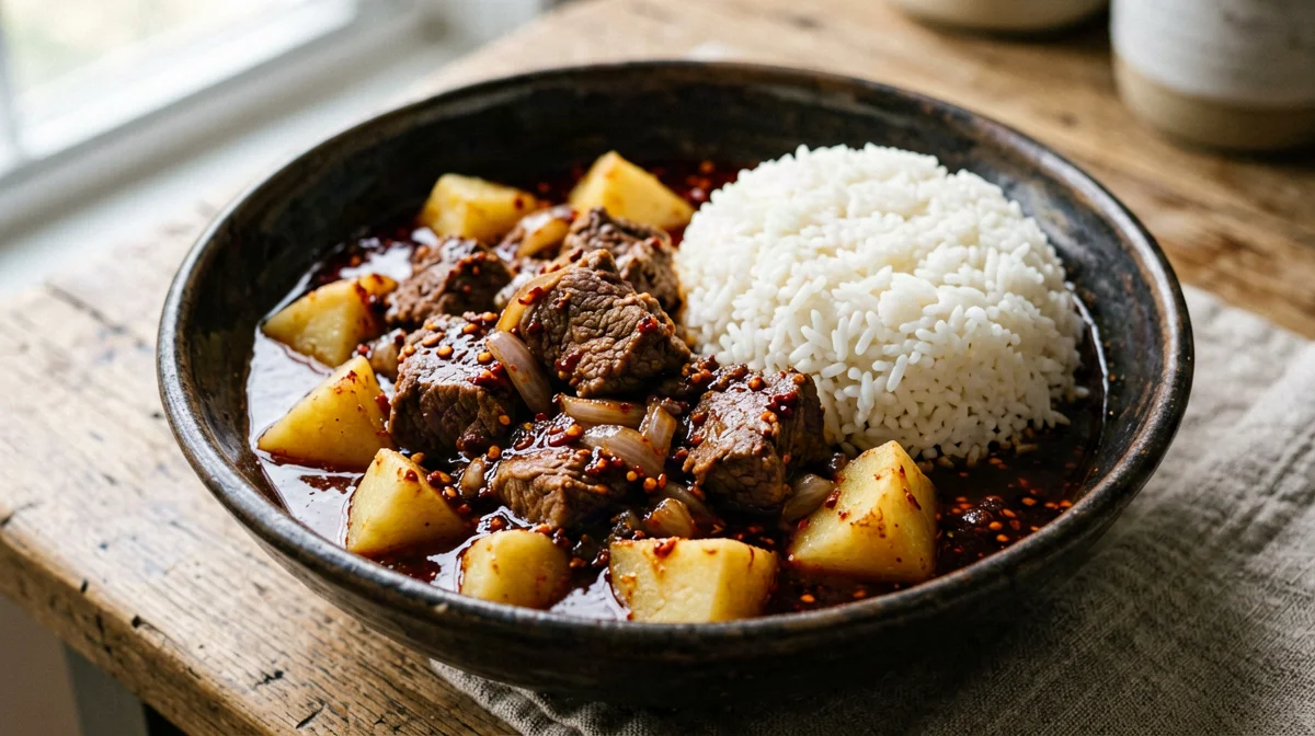Vindaloo di maiale leggero con patate e riso