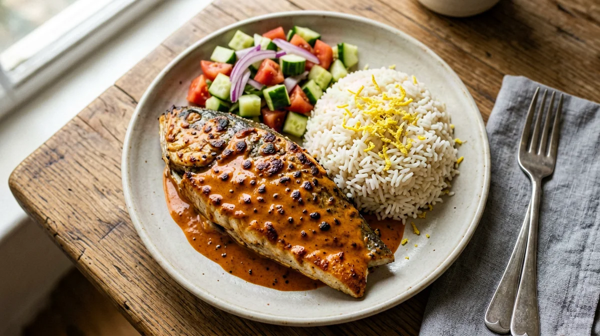 Oven tandoori cod with lemon rice and salad