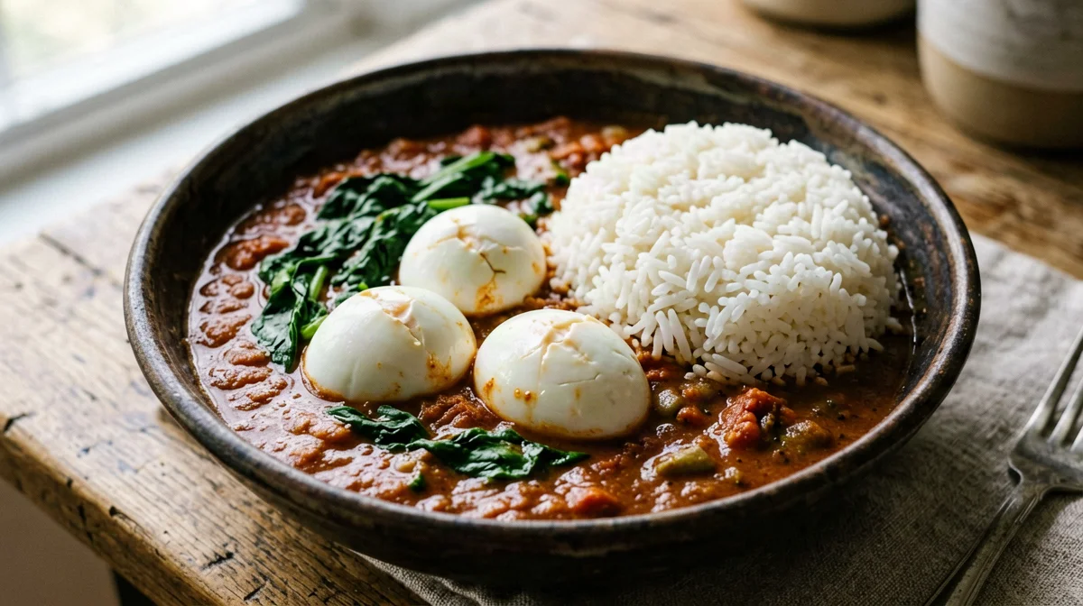 Anda curry di uova sode in salsa di pomodoro e cipolla