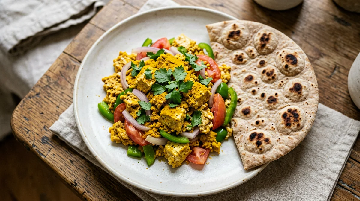 Spiced tofu bhurji with tomatoes and wholewheat roti