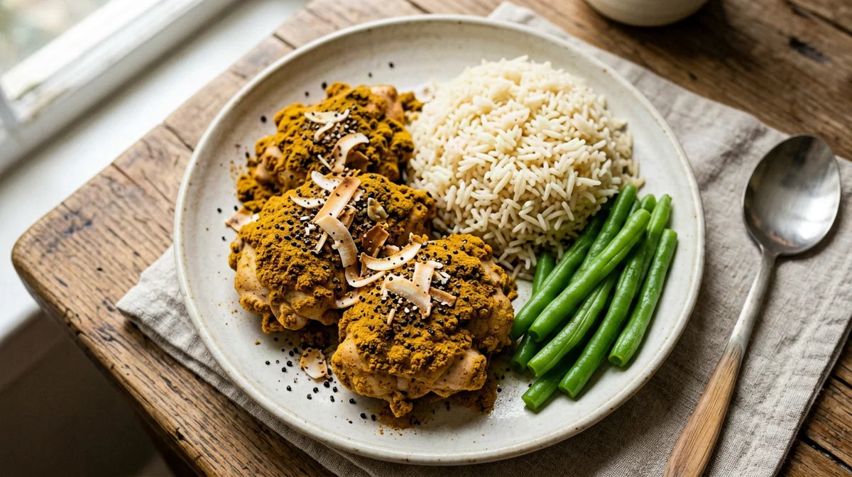 Pollo al pepe nero del Kerala con cocco e fagiolini