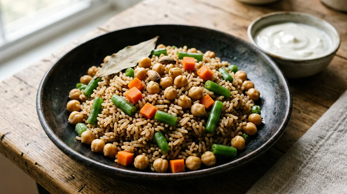 Pulao di riso integrale con ceci, carote e fagiolini