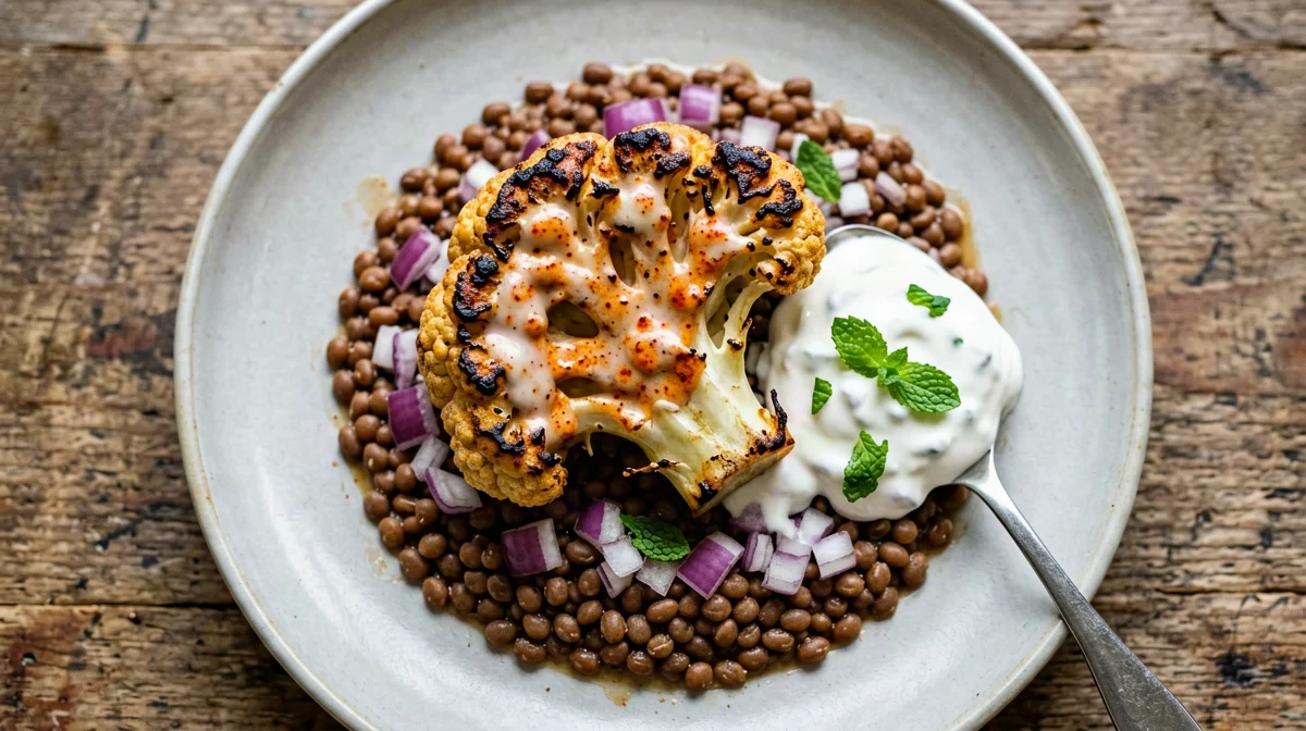 Tandoori cauliflower steaks with lentils and mint yogurt