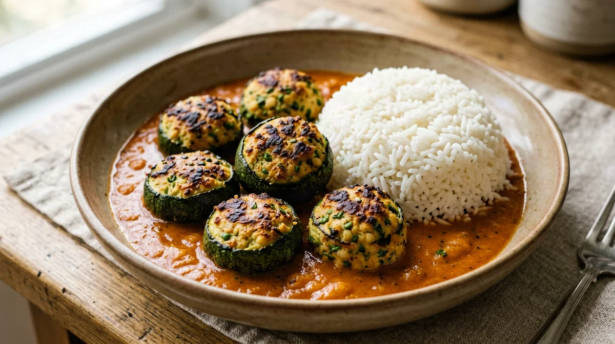 Baked zucchini and chickpea kofta in tomato sauce