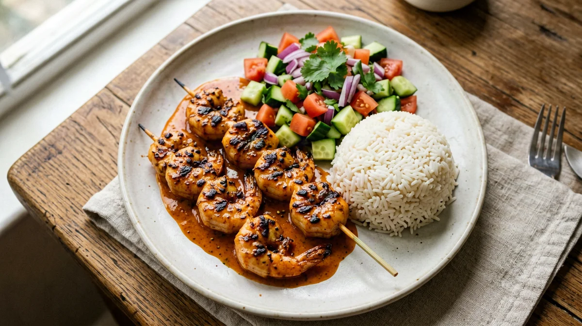 Spiedini di gamberi tandoori con insalata kachumber