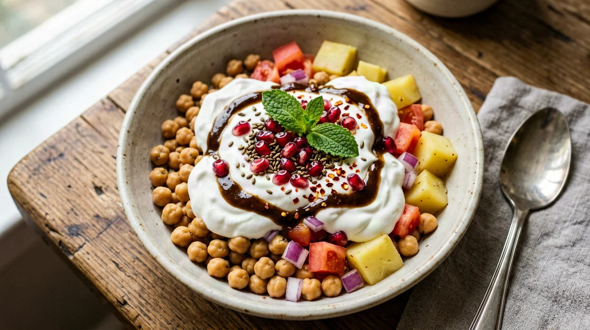 Chickpea and potato chaat with yogurt, pomegranate and mint
