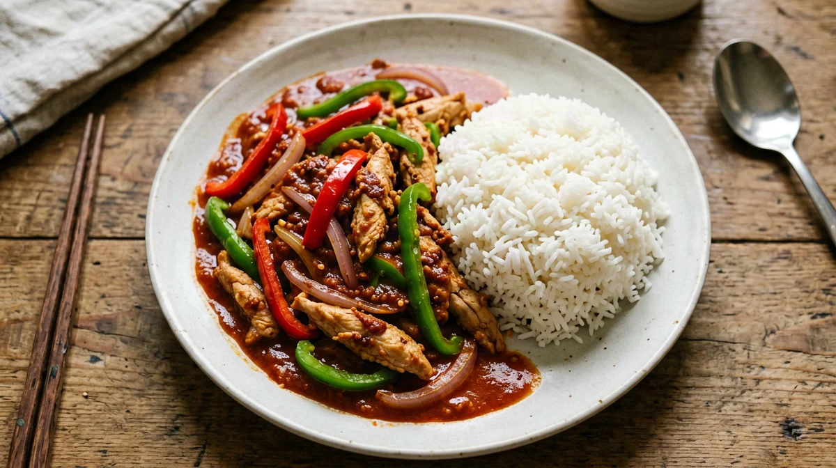Pollo jalfrezi con peperoni e cipolla saltati
