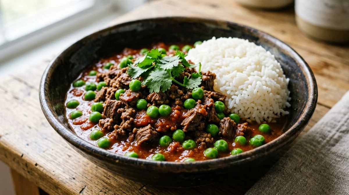 Vegan seitan and pea keema with basmati