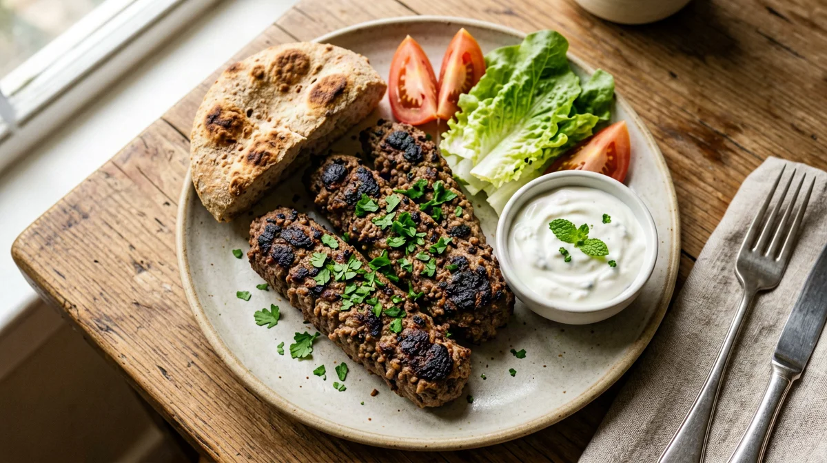Seekh kebab di agnello con insalata e yogurt alla menta