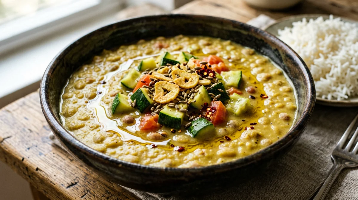 Dal di piselli spezzati con zucchine e riso
