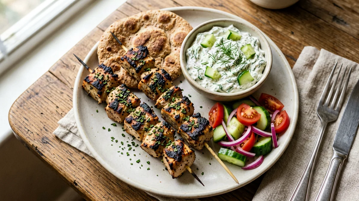 Souvlaki di pollo con tzatziki, pita integrale e insalata di pomodori