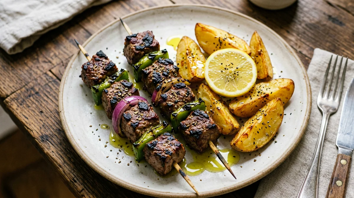 Souvlaki di filetto di maiale con patate al limone e origano