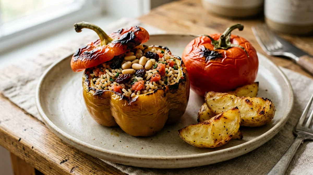 Gemista di peperoni e pomodori ripieni di riso alle erbe