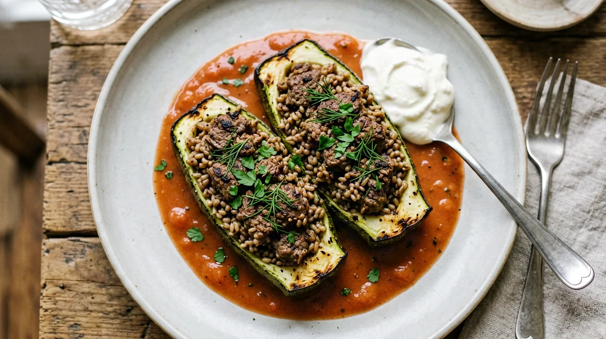 Zucchine ripiene di manzo magro, riso e aneto con yogurt