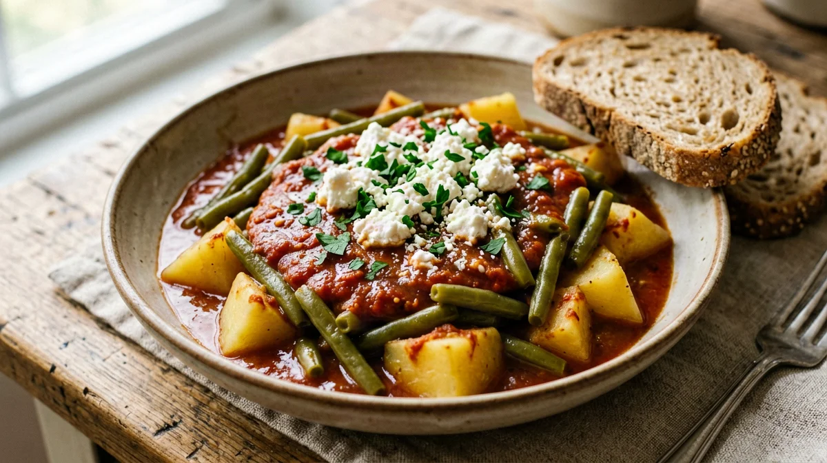 Fasolakia: fagiolini in umido con patate e feta