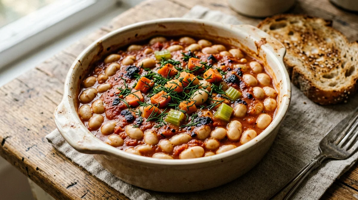 Gigantes plaki: baked white beans with tomato and dill