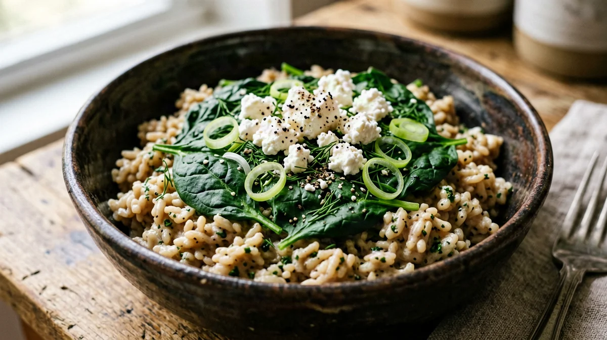 Spanakorizo with brown rice, dill, lemon and feta