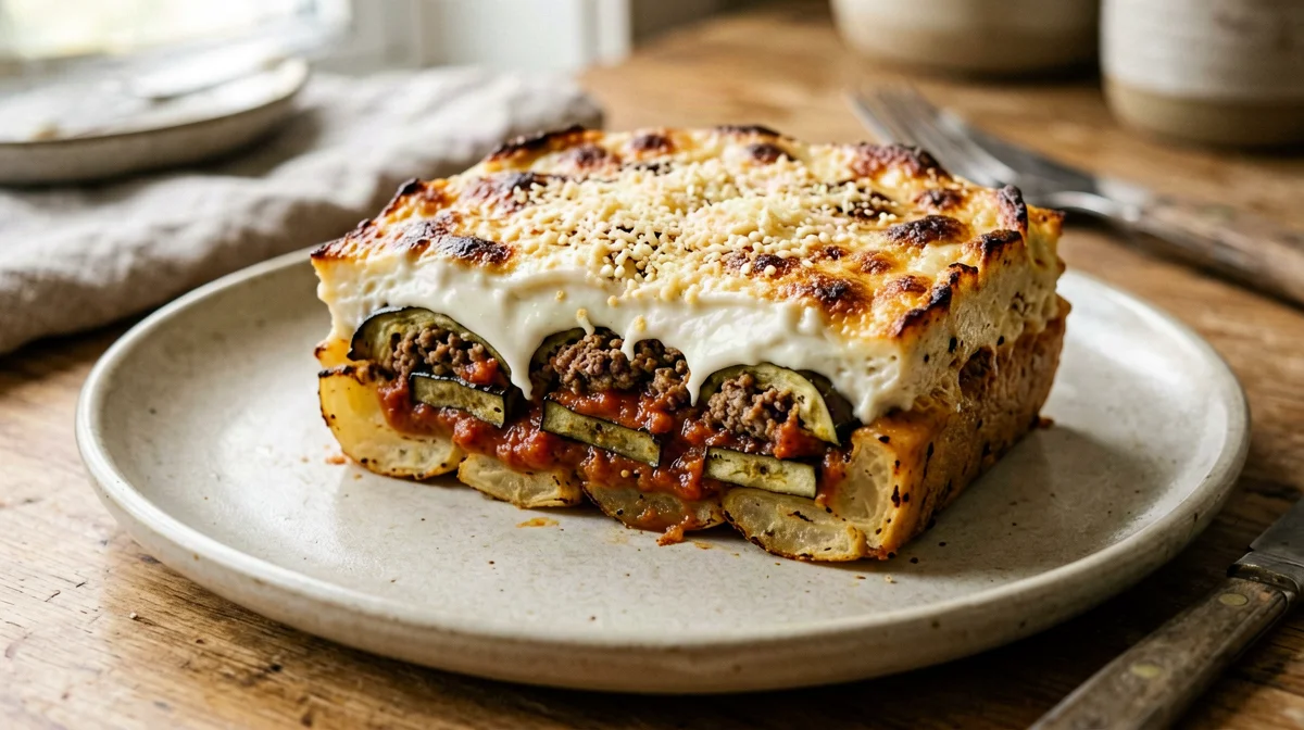 Light moussaka with grilled aubergine and yogurt topping