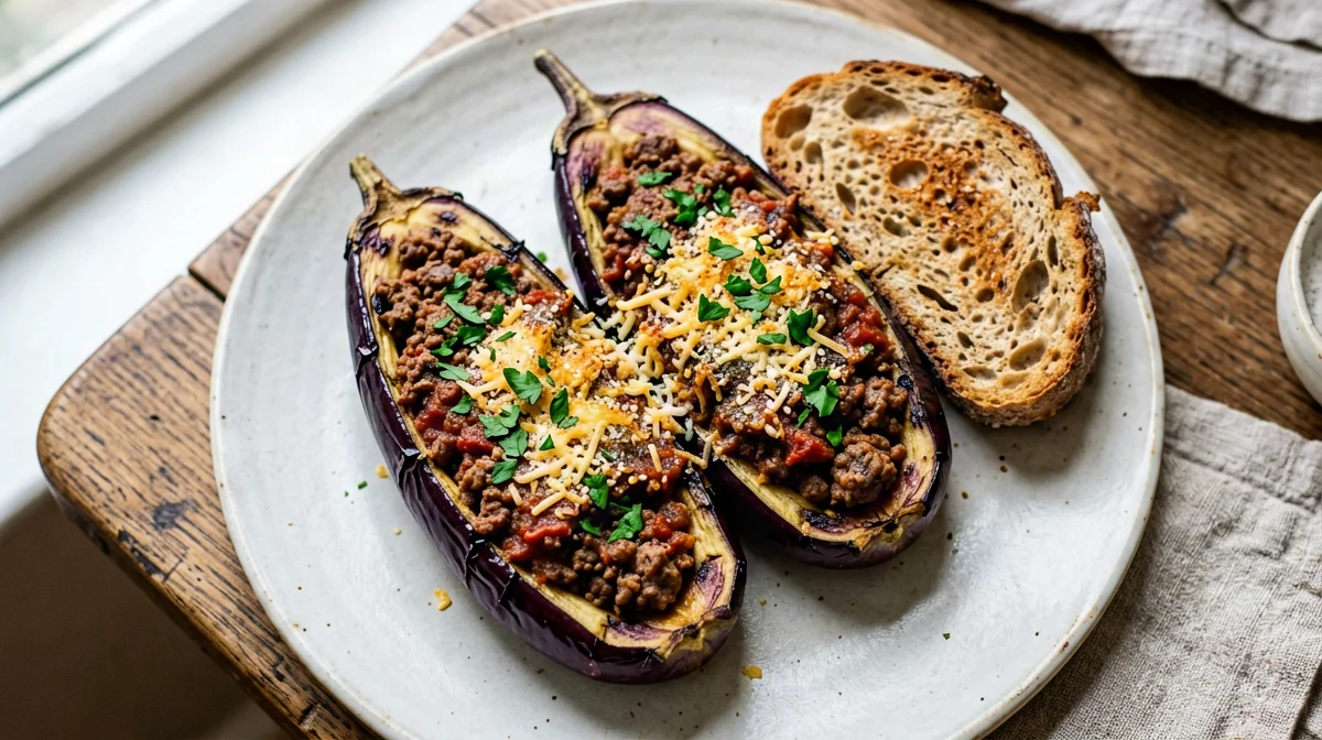 Papoutsakia: aubergines stuffed with turkey and tomato