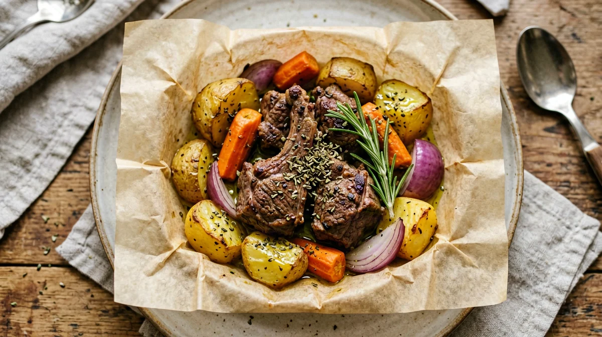Light kleftiko: lamb and potatoes baked in parchment with lemon