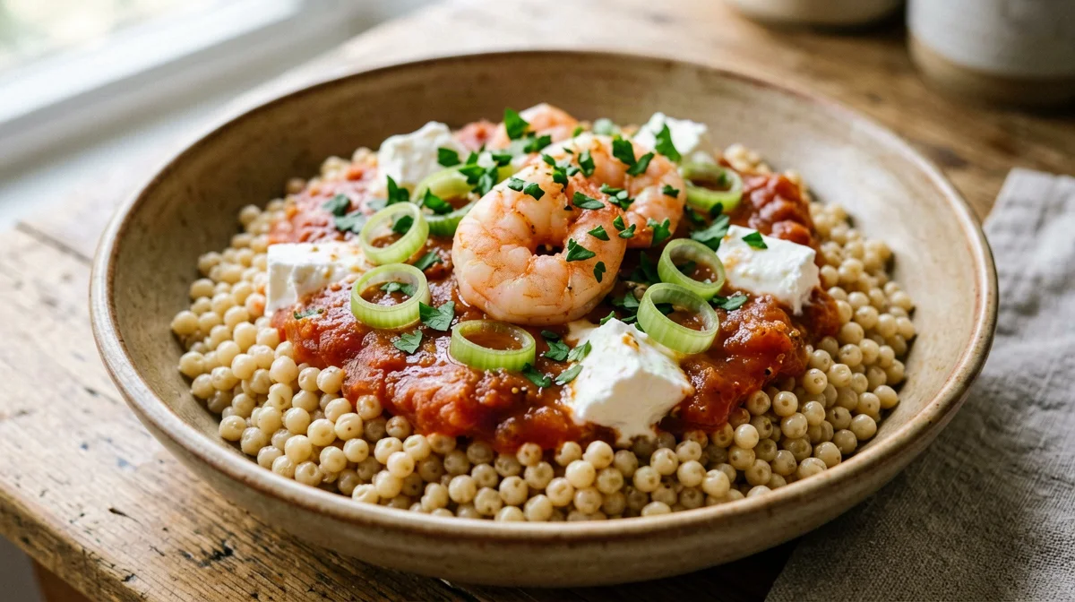 Gamberi saganaki con pomodoro, feta e orzo perlato