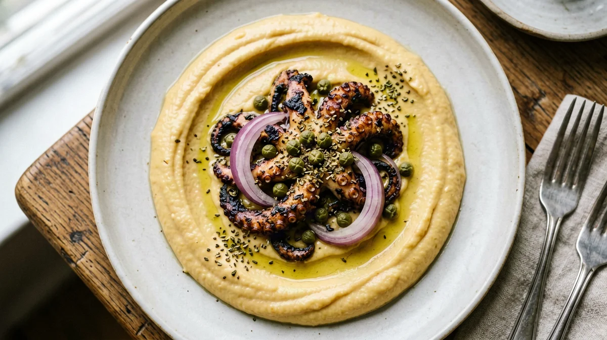 Grilled octopus on yellow split pea fava with capers