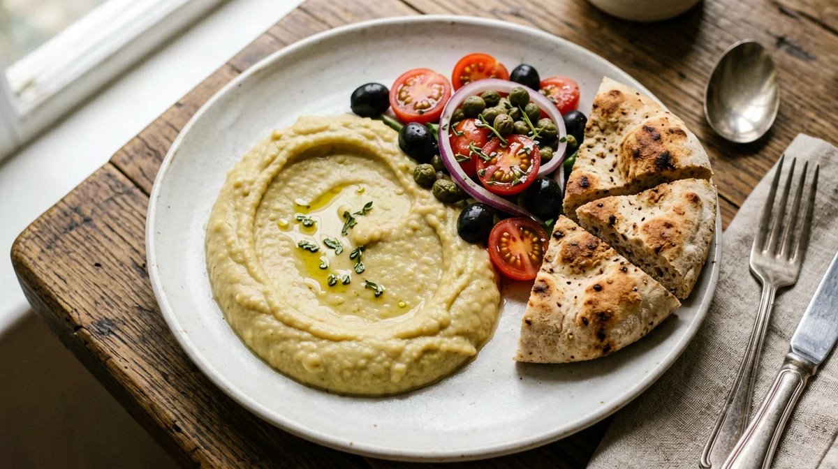 Santorini fava with tomato, olive salad and pita