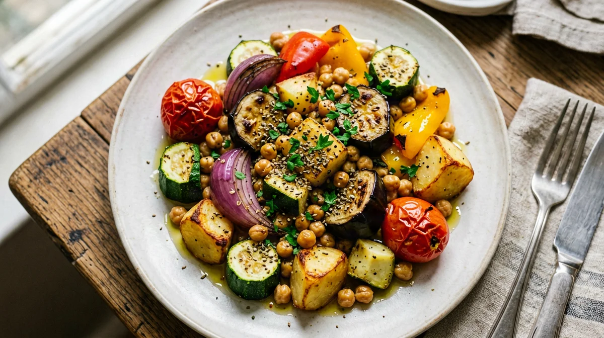 Briam: oven-roasted vegetables with chickpeas and oregano