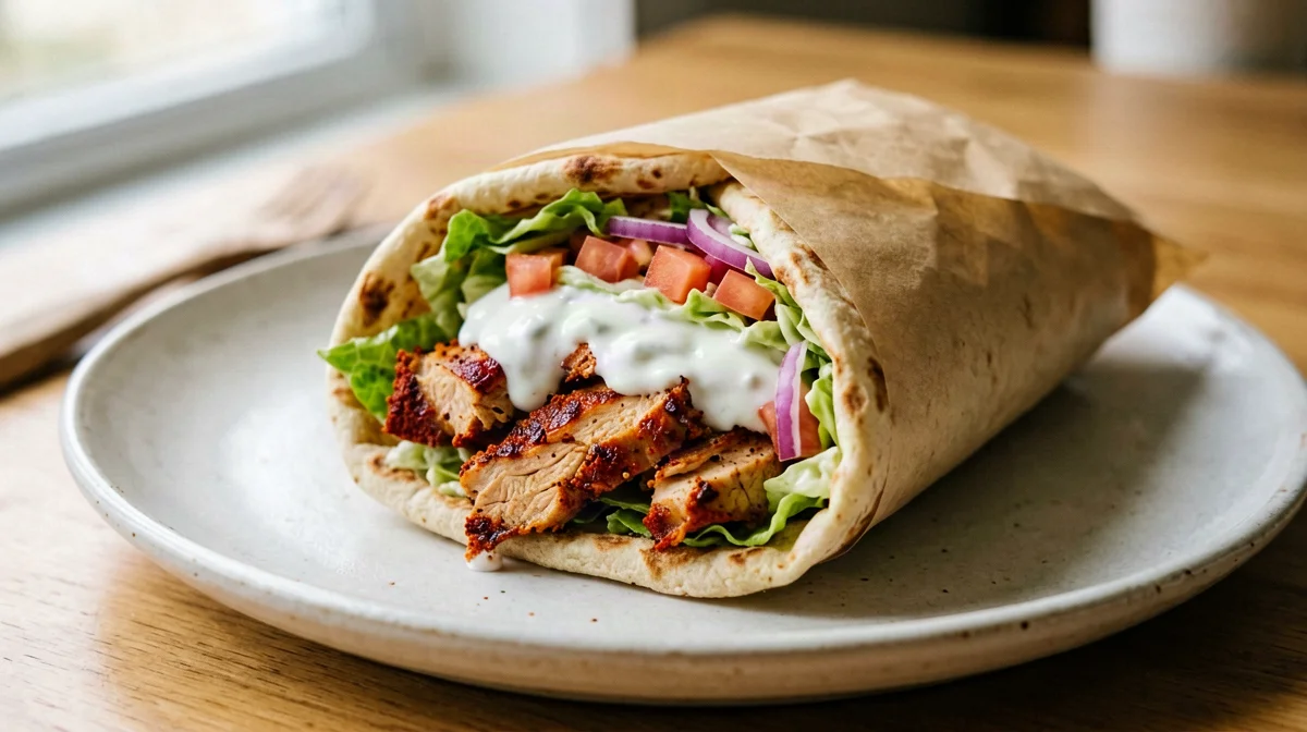 Oven chicken gyros in pita with yogurt and red onion
