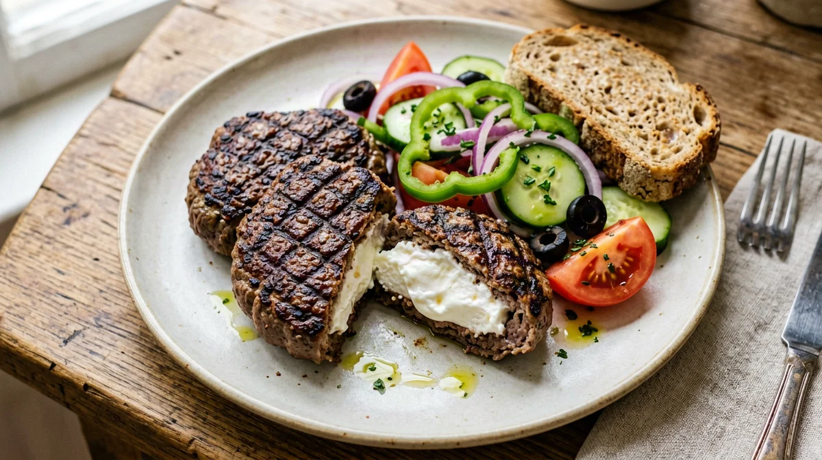 Feta-stuffed beef bifteki with horiatiki salad