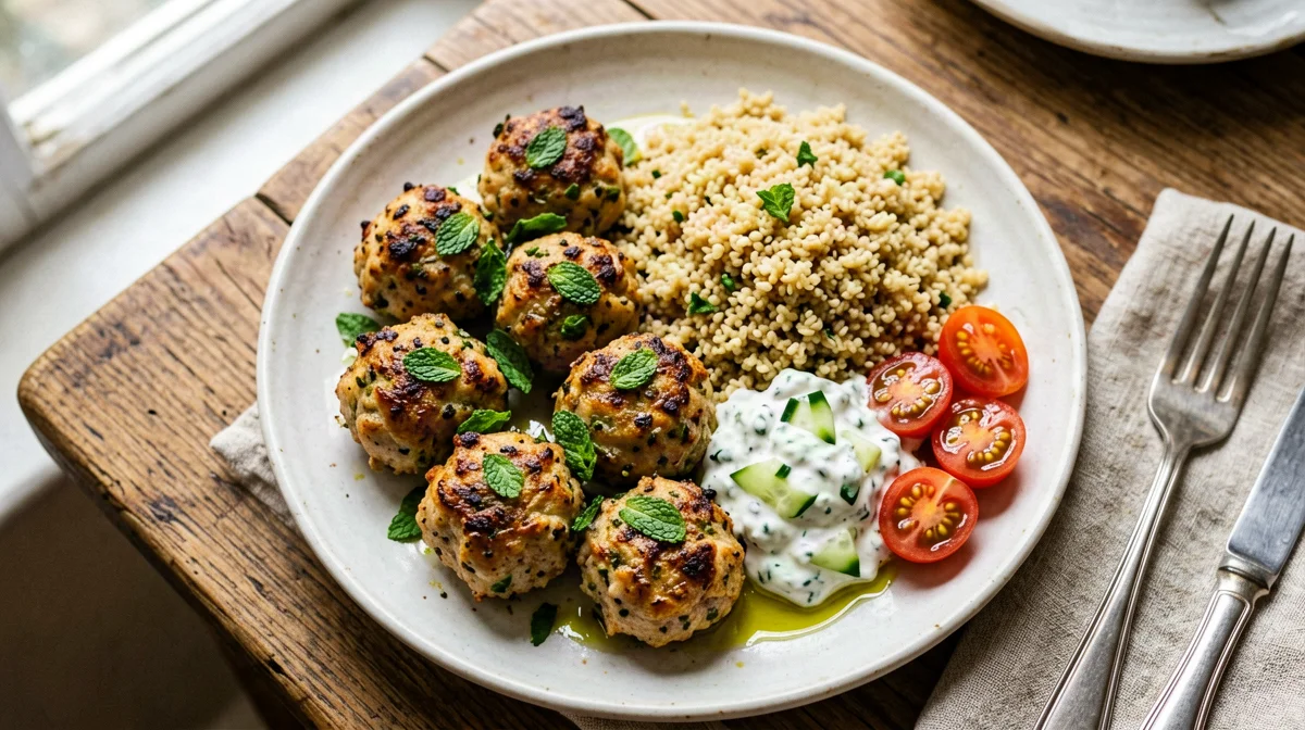 Keftedes di tacchino alla menta con bulgur e tzatziki