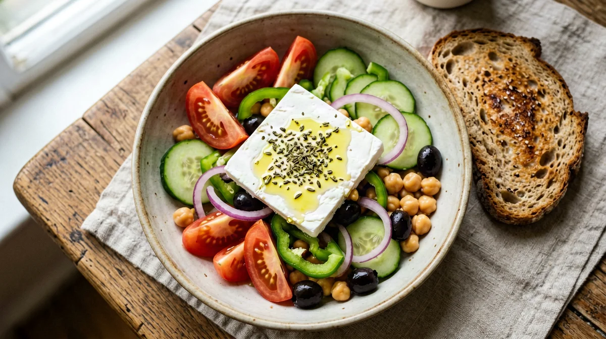 Horiatiki salad with chickpeas, feta and toasted bread