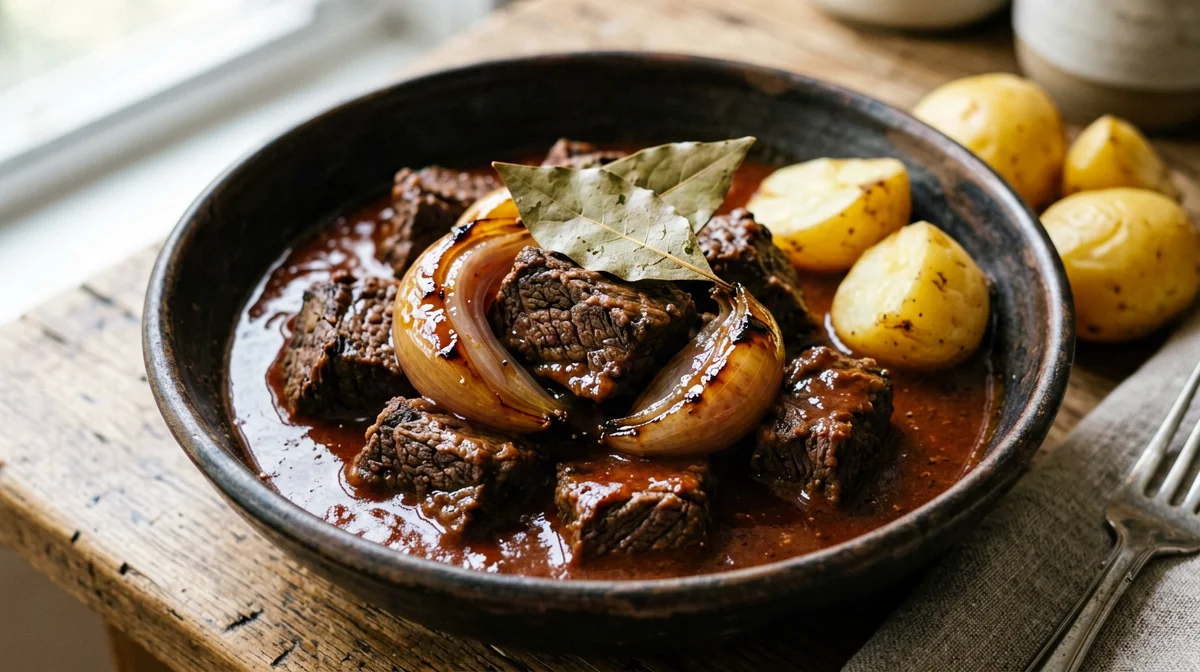 Beef stifado with shallots, vinegar and cinnamon