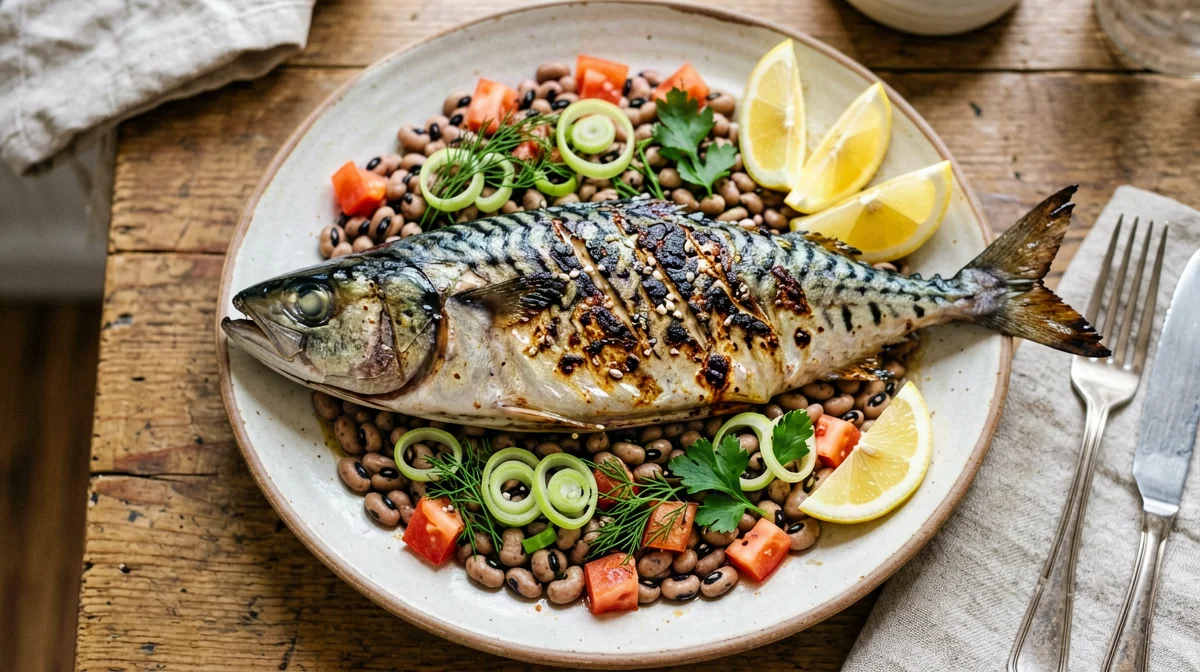 Grilled mackerel with black-eyed bean salad