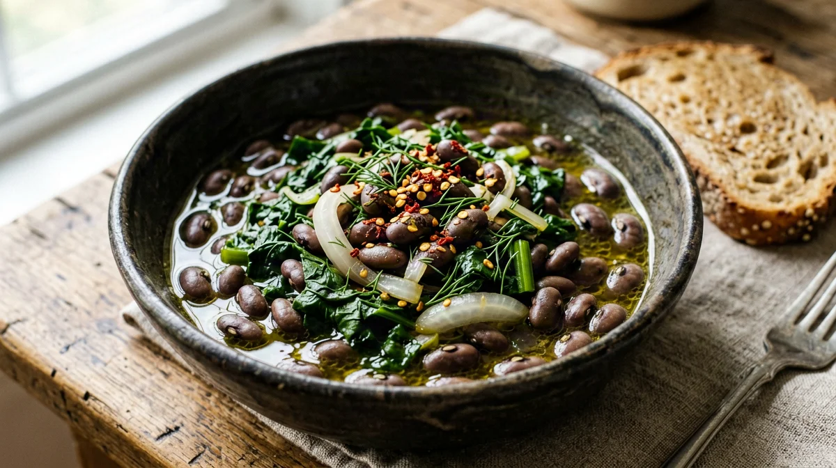 Mavromatika: fagioli dall'occhio con bietole e limone