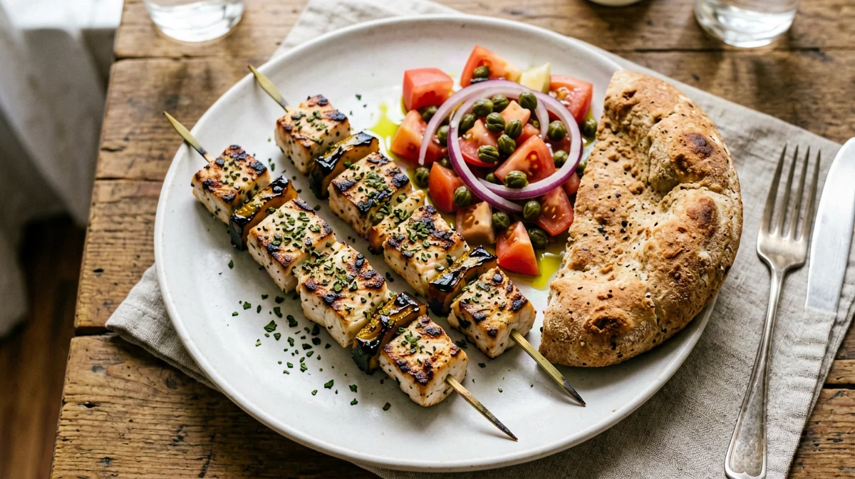 Swordfish souvlaki with tomato and caper salad