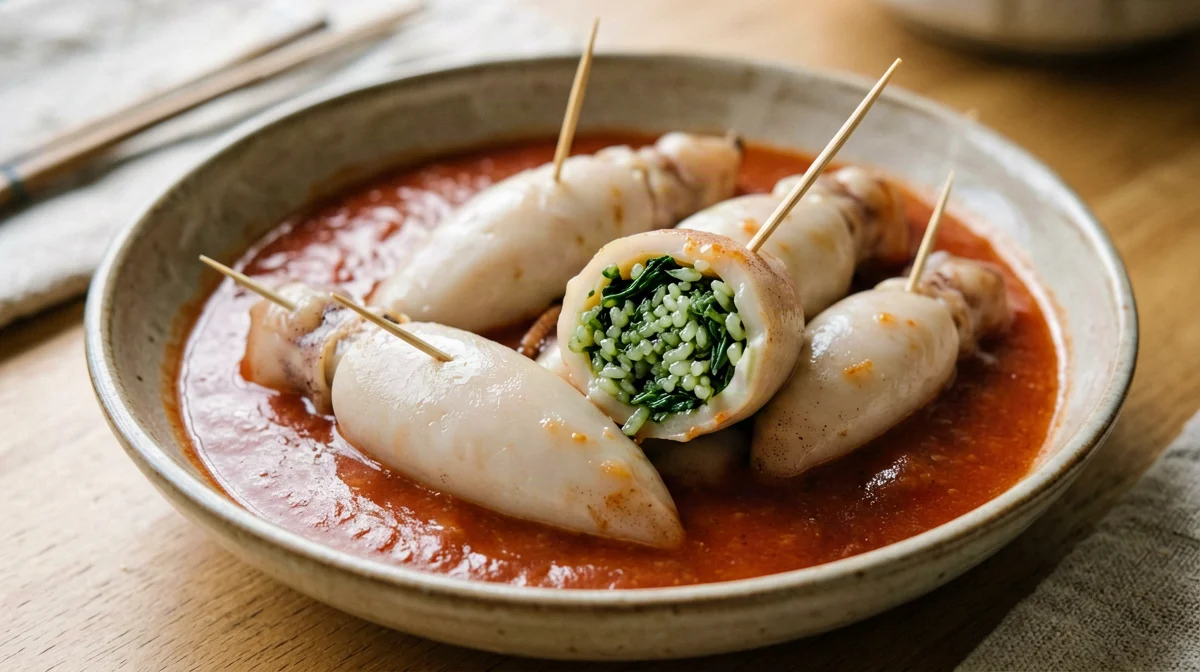 Squid stuffed with rice, spinach and herbs in tomato
