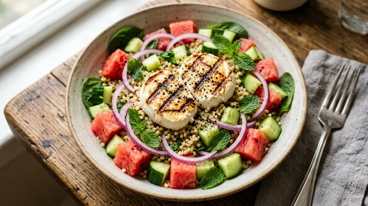 Halloumi alla griglia con farro, anguria e menta