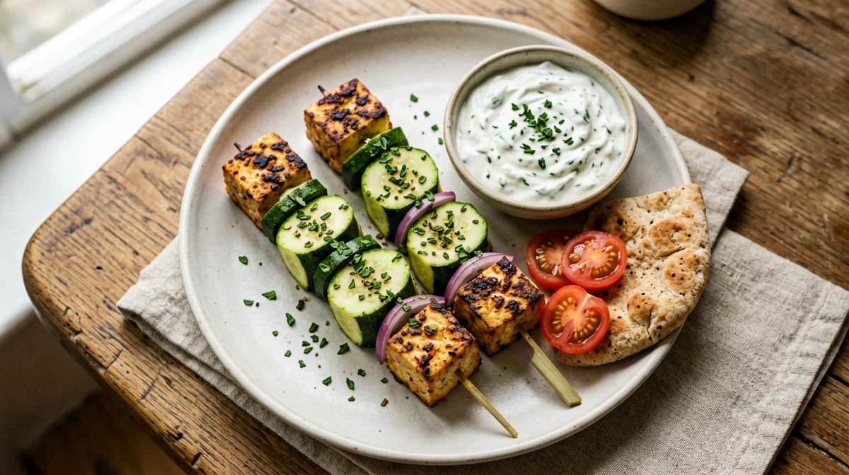 Souvlaki di tofu all'origano con salsa di yogurt di soia all'aneto