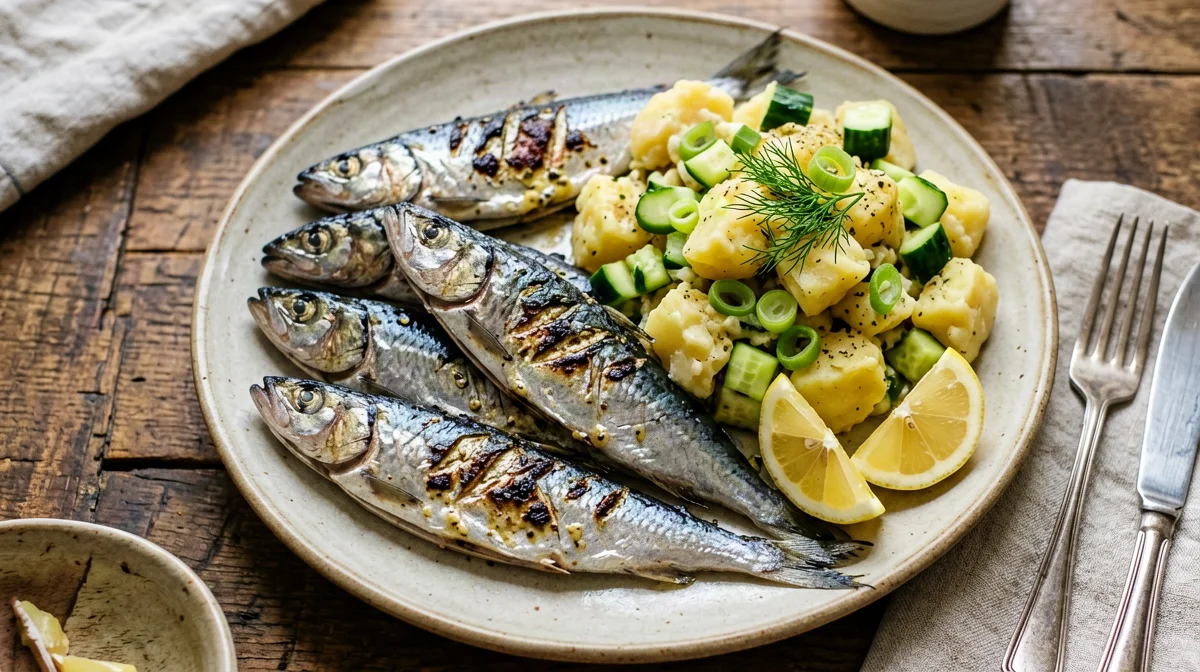 Grilled sardines with potato, cucumber and dill salad
